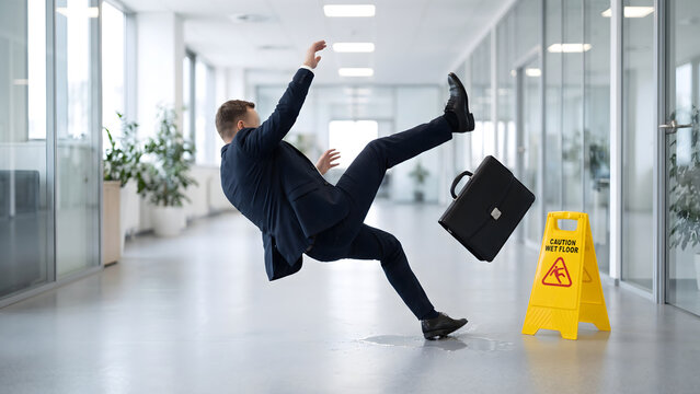 A businessman in a suit slips and falls in an office hallway, dropping his briefcase as a wet floor sign warns of the hazard