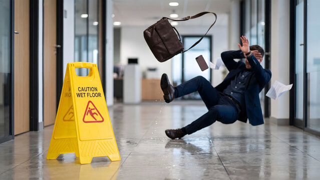 Businessman accidentally slips and falls on a wet floor in a modern corporate office corridor despite a yellow safety warning sign