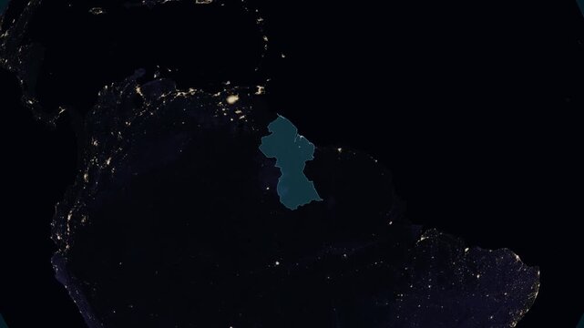 Guyana night globe. City lights, zoom, spin, outline glow, pullback, ring reveal for Guyana. Elements of the animation furnished by NASA.