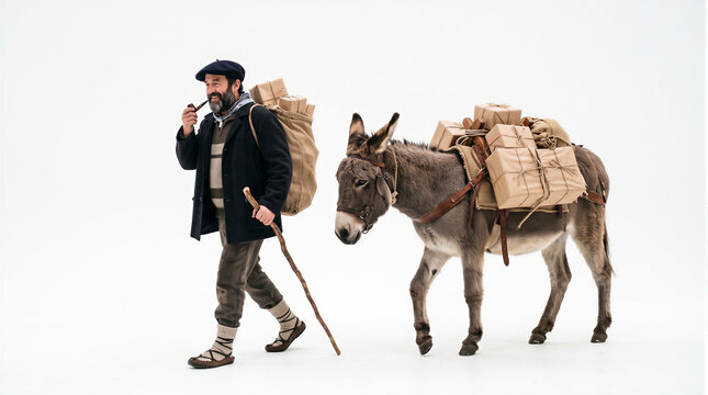 Olentzero traditional basque christmas gift giver walking with donkey loaded with presents isolated on white background, northern spain holiday folklore concept