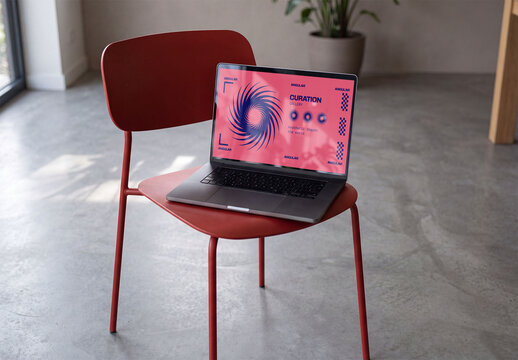Mockup Template of Laptop Screen on Red Chair