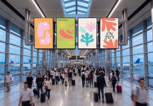 Mockup Template of Four Hanging Advertising Screens in Airport