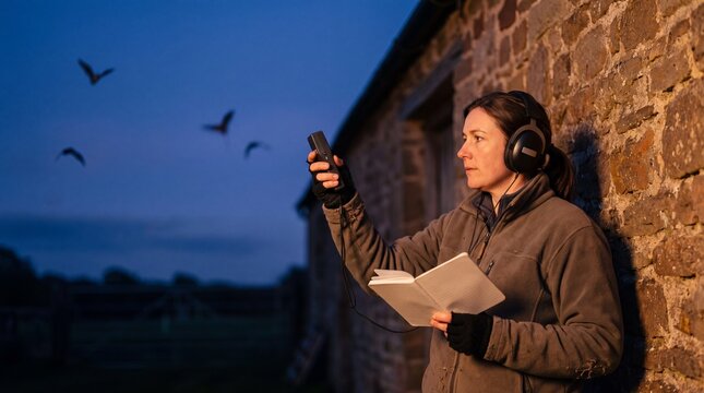 Ecologist Holding Bat Detector Up to Dusk Sky Beside Old Barn