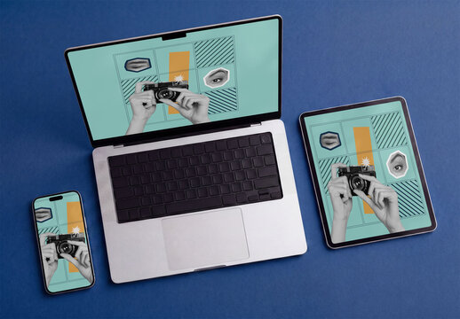 Mockup Template of Laptop with Tablet and Smartphone Screens