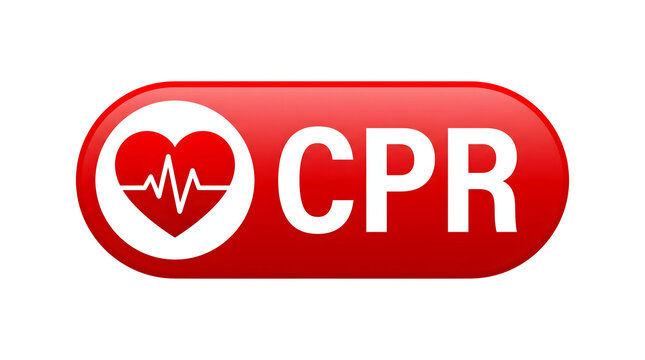 Red CPR button with heart and heartbeat symbol for cardiopulmonary resuscitation and first aid