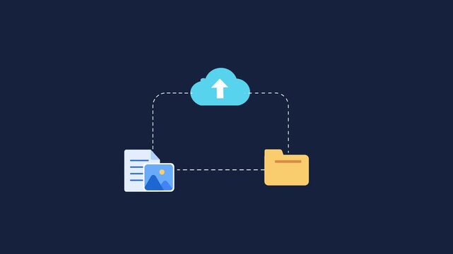 Motion graphic of document and image files uploading to cloud storage into yellow folder on dark blue background, depicting cloud file management.
