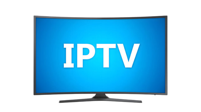 IPTV text displayed on a modern curved television screen for internet protocol television service