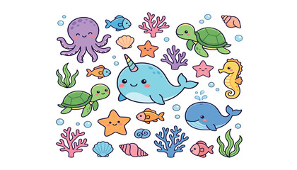 Cute sea animals vector illustration set featuring funny cartoon narwhal octopus turtles whale seahorse and colorful ocean elements © Siraj