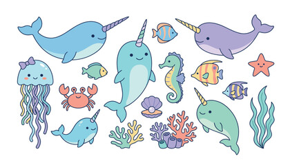 Cute ocean animals vector illustration set featuring funny cartoon narwhals jellyfish seahorse crab starfish and colorful coral reef © Siraj