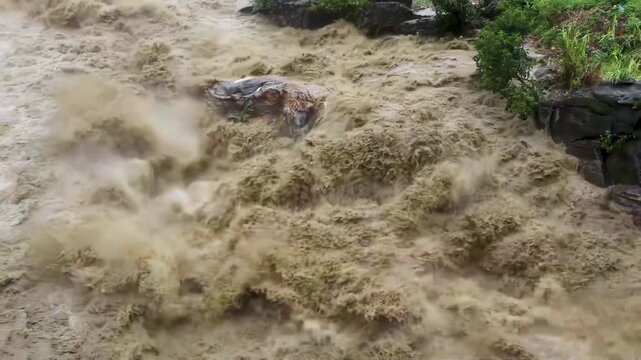 Close-up of a river overflowing and with violent currents as a result of flooding caused by heavy rains in India. Extreme weather as a consequence of climate change.