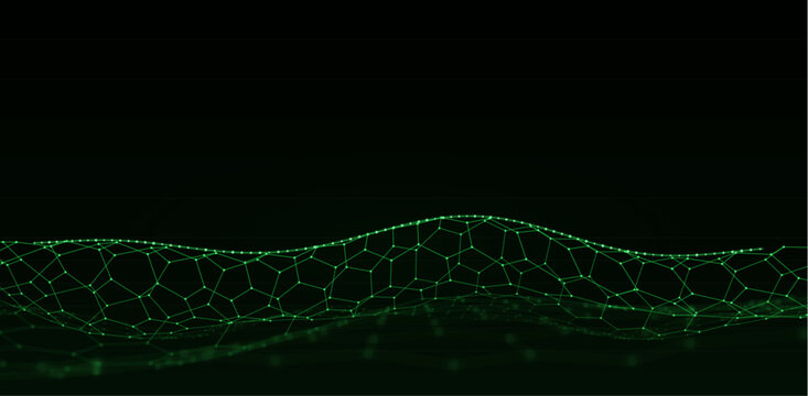 Green wireframe mesh wave with connected nodes on black background, abstract digital network technology backdrop with copy space