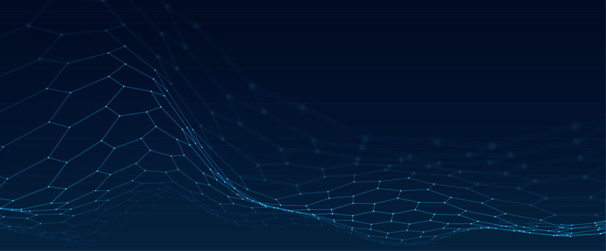 Blue polygonal wireframe mesh wave with glowing nodes on dark navy background, abstract digital network technology banner