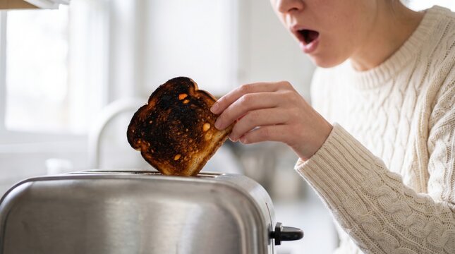 Hand pulling burnt toast from toaster, person with surprised open mouth, bright kitchen