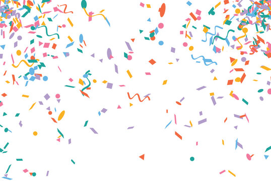 Colorful confetti and streamers falling on white background, festive paper pieces for party, birthday and celebration design