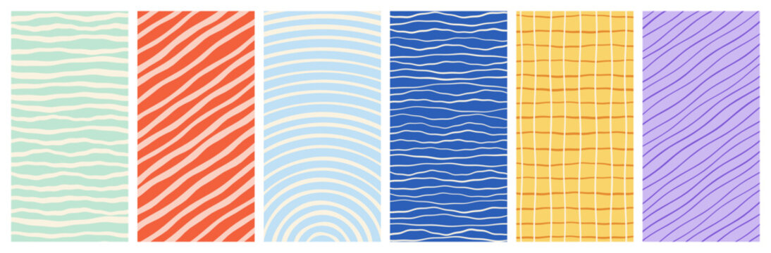 Hand drawn wavy stripe pattern set in mint, coral, blue, yellow and lavender, organic lines and arches texture backgrounds