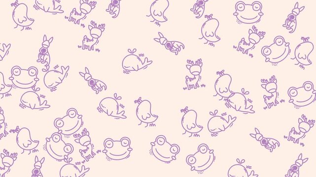 Cute purple line drawings of frogs, chickens, whales, deer, and bunnies in a repeating pattern. Perfect for kids products.