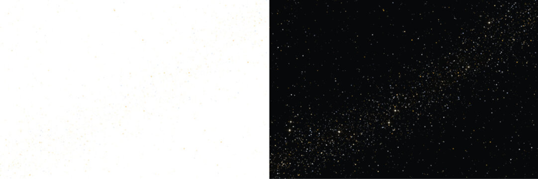 Gold star dust and glitter particles scattered in diagonal band on black background, golden sparkle galaxy light effect