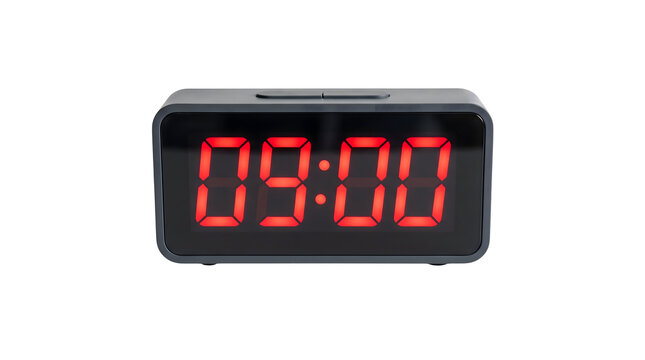 Black digital alarm clock displaying the time 0900 in bright red LED numbers on a transparent background