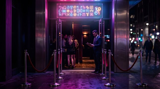 A doorman in a suit stands at the entrance of a nightclub in a city.