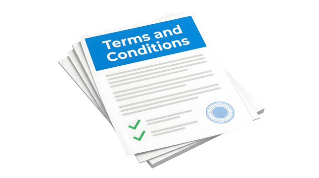 Stack of white documents with blue header Terms and Conditions and green checkmarks on a transparent background