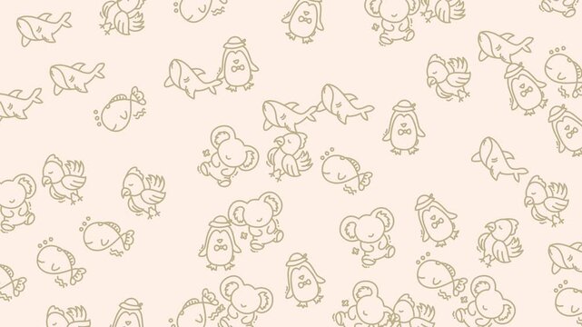 Cute koala bear penguin bird fish doodle pattern is a fun and playful illustration suitable for kids products. Whimsical and charming design aesthetic.