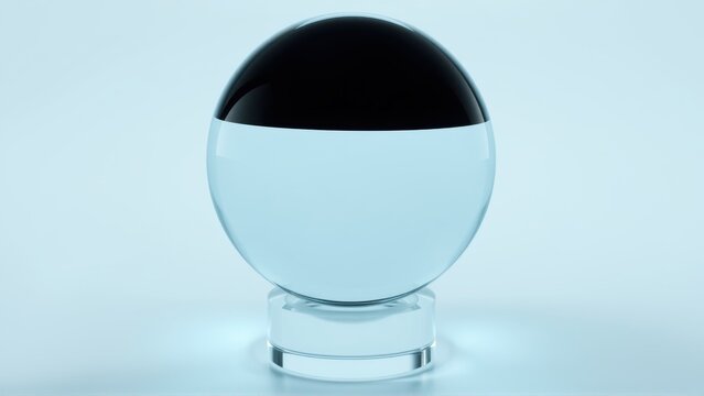 Crystal sphere rests upon clear base. Light reflects, creating dramatic contrast. Minimalist studio shot, cool tones dominate composition.