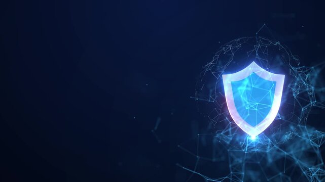 blue glowing shield security, futuristic cyber data protection guard, cyber privacy firewall with left copy space.