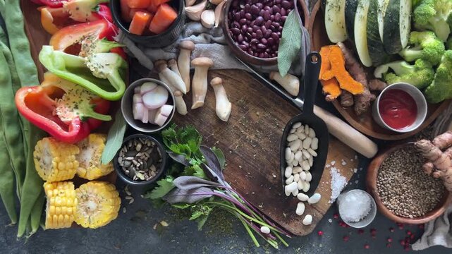 Healthy diet food. Fresh vegetables, fruits, beans and nuts. Food cooking on a dark background. 