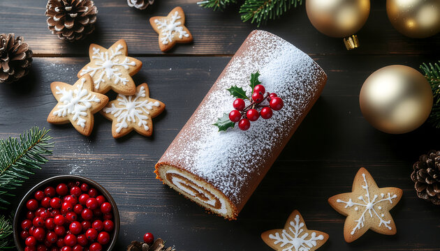 A professional food photography of a traditional Christmas log cake (Yule log) and star gingerbread cookies on a dark wooden table, top-down view.