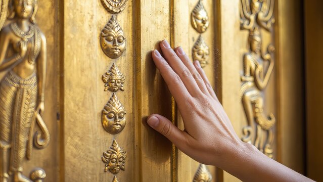 Hand Touching Intricate Gold Relief Artwork on Decorative Door