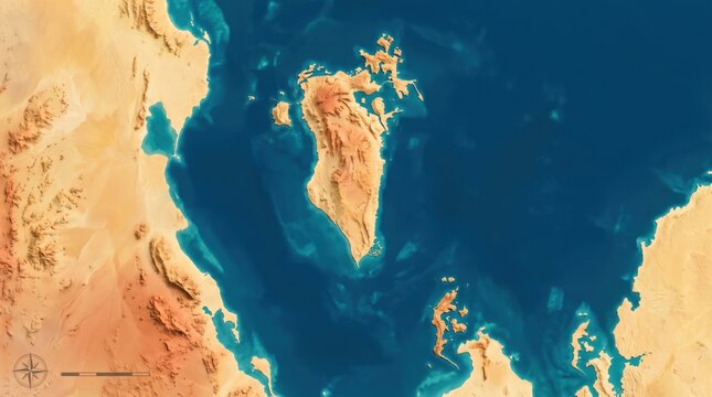 A detailed satellite map view shows the island nation of Bahrain surrounded by deep blue.