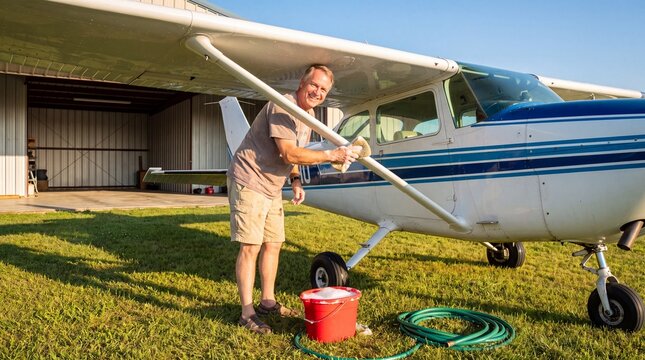 Pilot Washing Small Single Engine Plane Outside Hangar on Sunny Day