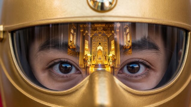 Golden Helmet Reflection of a Serene Temple Scene in Eyes