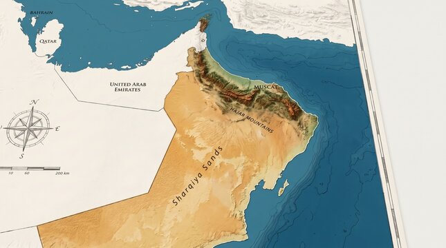 A detailed topographic map shows the coastline and desert landscape of Oman.