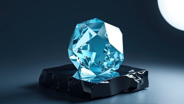 Bright blue crystal rests upon dark jagged base. Dramatic lighting creates strong highlights, shadows. Minimalist composition, elegant presentation.