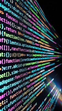 Abstract streaming rows of colorful glowing code in extreme perspective with motion blur on black