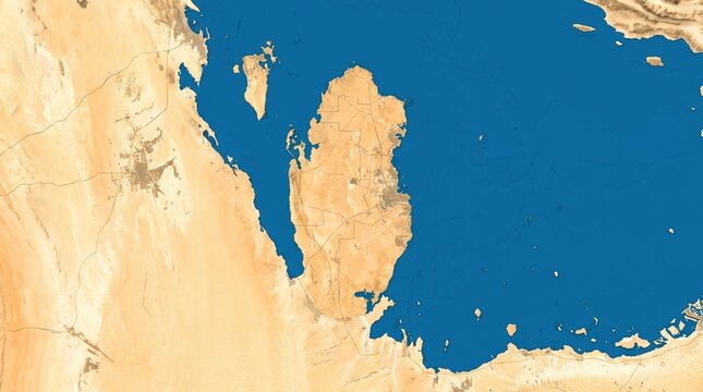 A satellite view shows the Qatar peninsula and surrounding coastline in the Middle East.