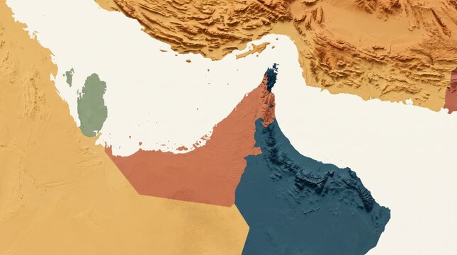 A stylized topographic map highlights the United Arab Emirates and neighboring regions.