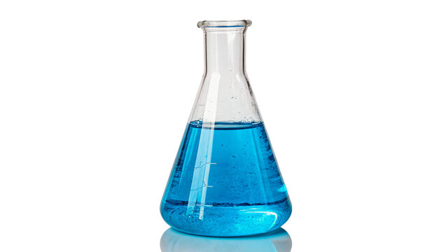 Transparent glass laboratory flask filled with blue liquid scientific isolated on transparent background