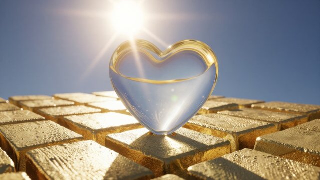 Heart-Shaped Glass Object on Gold Bars Under Bright Sunlight