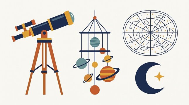 Astronomy and space exploration illustration set, telescope on tripod, solar system planet mobile, star chart and crescent moon, flat vector icons on white background