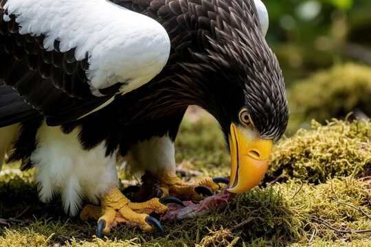 Stellers sea eagle eats raw meat on green moss. Large bird of prey with white feathers, yellow beak hunts in nature. Powerful predator uses sharp claws, beak to consume food in wild habitat during