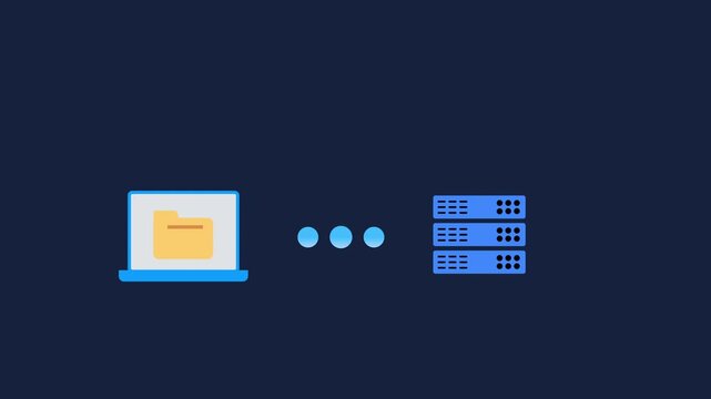 Motion graphic of laptop screen displaying yellow folder connected to data server rack on dark blue background, depicting cloud database backup.

