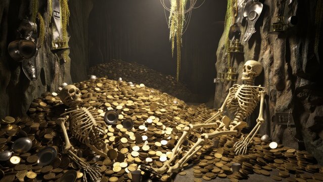Skeletons Resting Amidst Treasure in Dark Cave Setting