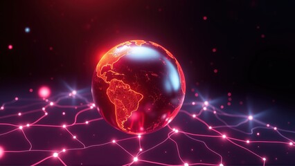 Fototapeta premium Glowing earth above network. Digital connections radiate from planet surface. Futuristic technology concept, vibrant colors present.