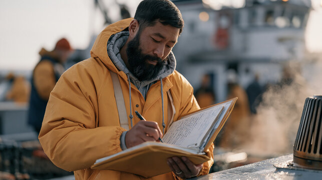 A crab trapper carefully archives handwritten catch records in a waterproof binder on a rain soaked dock, steam rising from a nearby engine vent, a multicultural crew visible in