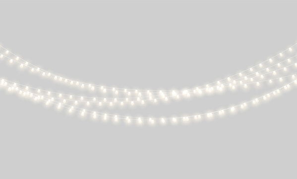 Strings of warm white globe lights hang gracefully against a black backdrop. The bulbs emit a soft, cozy yellow glow with slight luminous halos. This setup creates a festive and inviting.