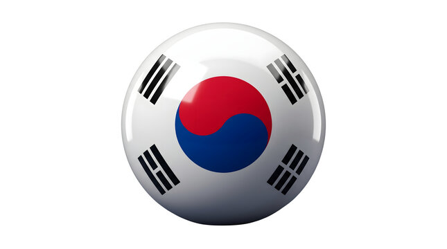 Detailed glossy round button featuring the national flag of South Korea with its Taegeuk symbol on a transparent background