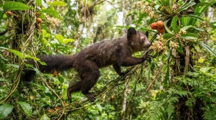 Fototapeta premium An aye-aye foraging for fruit within the lush canopy of a dense tropical rainforest environment
