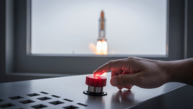 Hand Ready to Press Red Button to Launch Rocket in Control Room